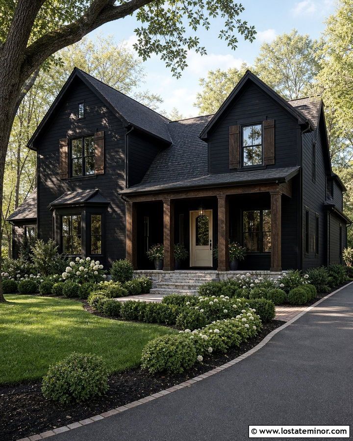 Jet Black House With Portico And Shutters - 30 Jet Black House Design With Portico Ideas
