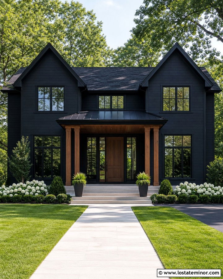Jet Black House With Portico And Side Lights - 30 Jet Black House Design With Portico Ideas