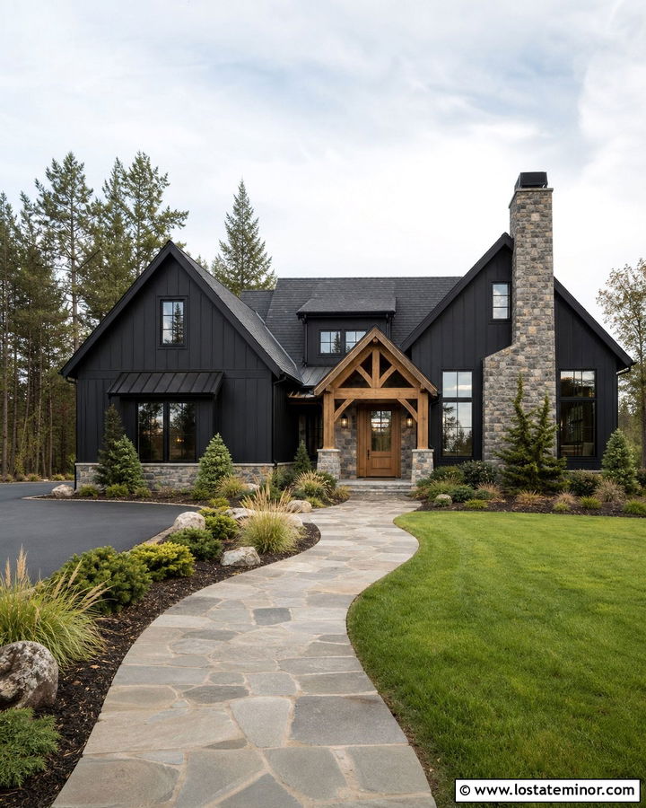 Jet Black House With Portico And Stone Chimney - 30 Jet Black House Design With Portico Ideas