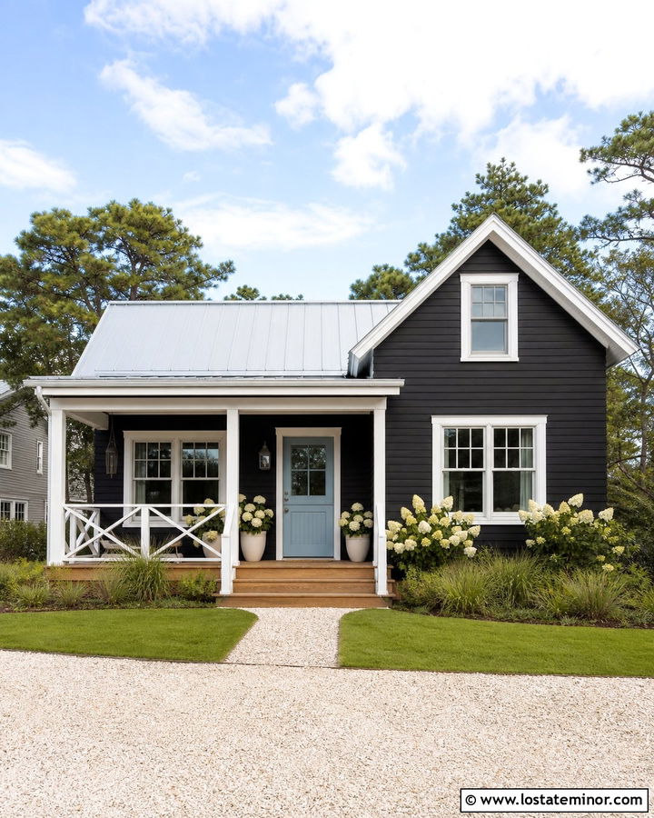 Jet Black House With Powder Blue Entry Door - 30 Jet Black House Design With Entry Door Ideas