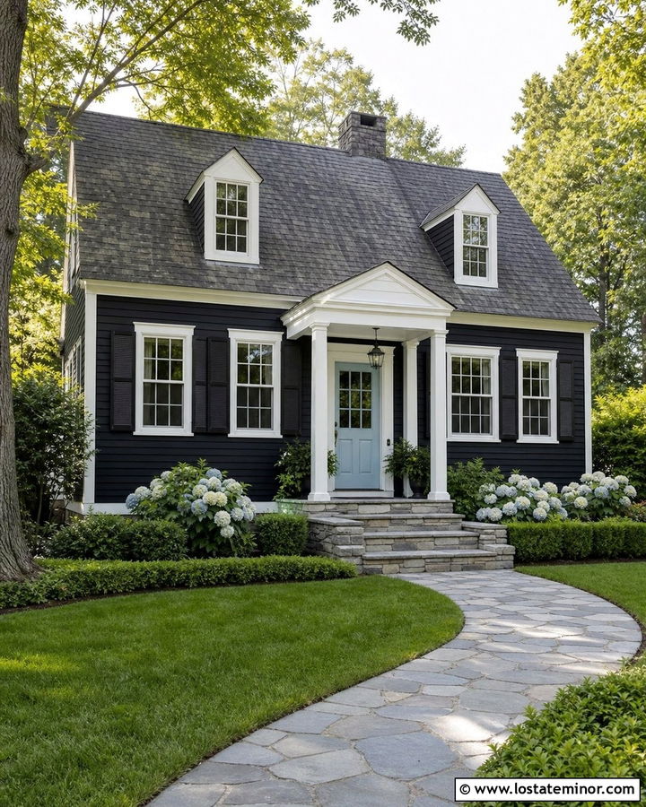 Jet Black House With Powder Blue Front Door - 30 Jet Black House Design With Front Door Ideas