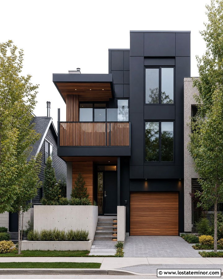 Jet Black House With Privacy Slat Railings - 30 Jet Black House Design With Railings Ideas