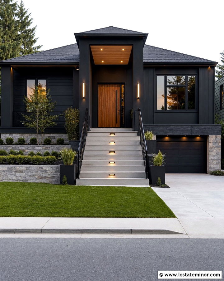 Jet Black House With Recessed Step Lights - 30 Jet Black House Design With Light Fixtures Ideas