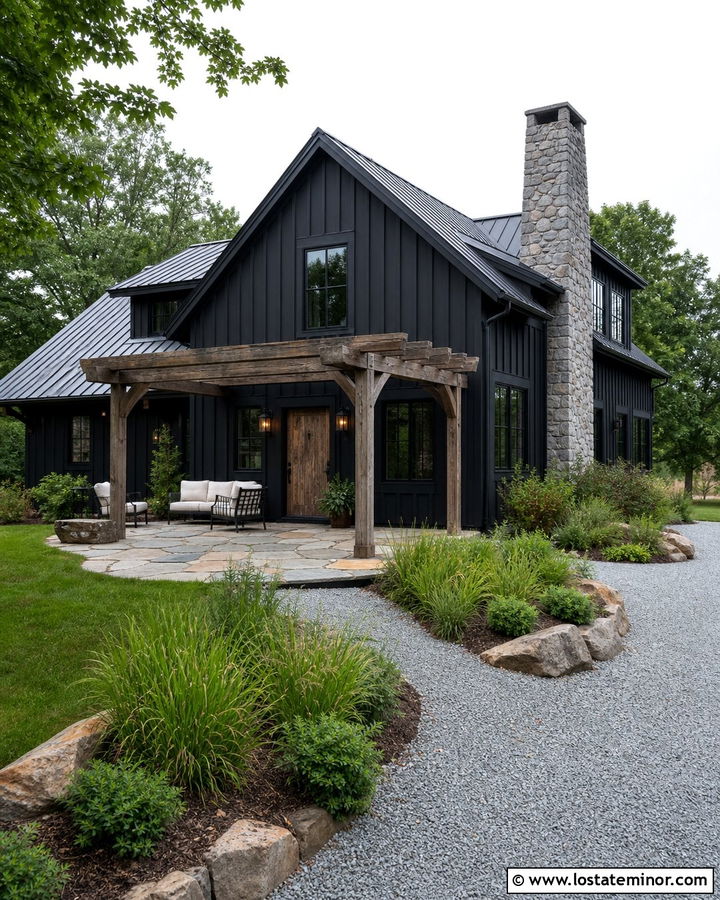 Jet Black House With Reclaimed Wood Pergola - 30 Jet Black House Design With Pergola Ideas