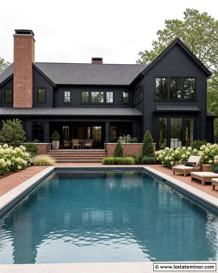 Jet Black House With Red Brick And Pool - 30 Jet Black House Design With Swimming Pool Ideas