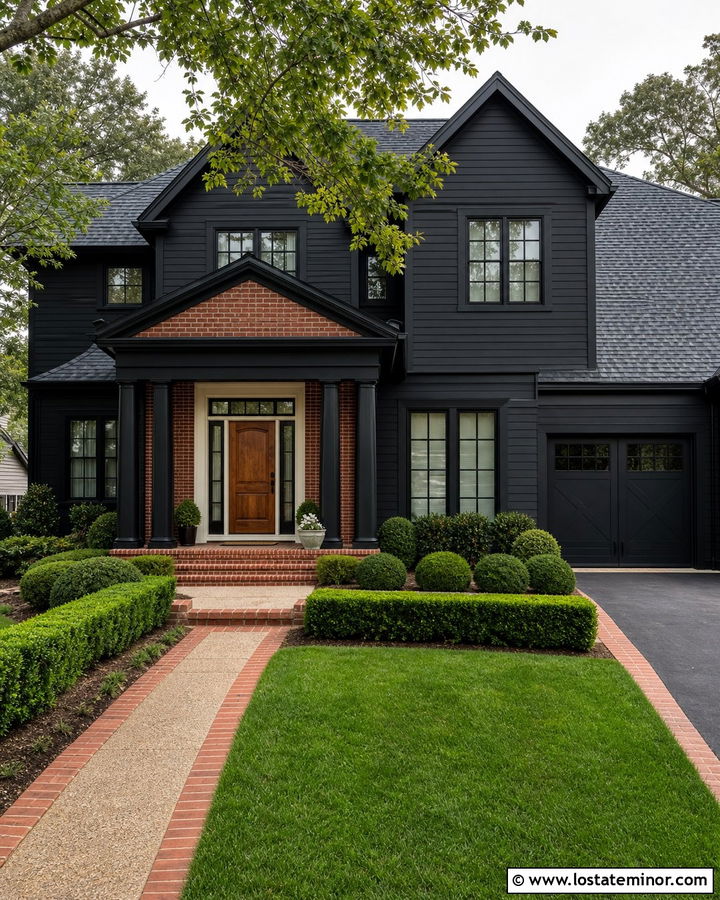 Jet Black House With Red Brick Portico - 30 Jet Black House Design With Portico Ideas