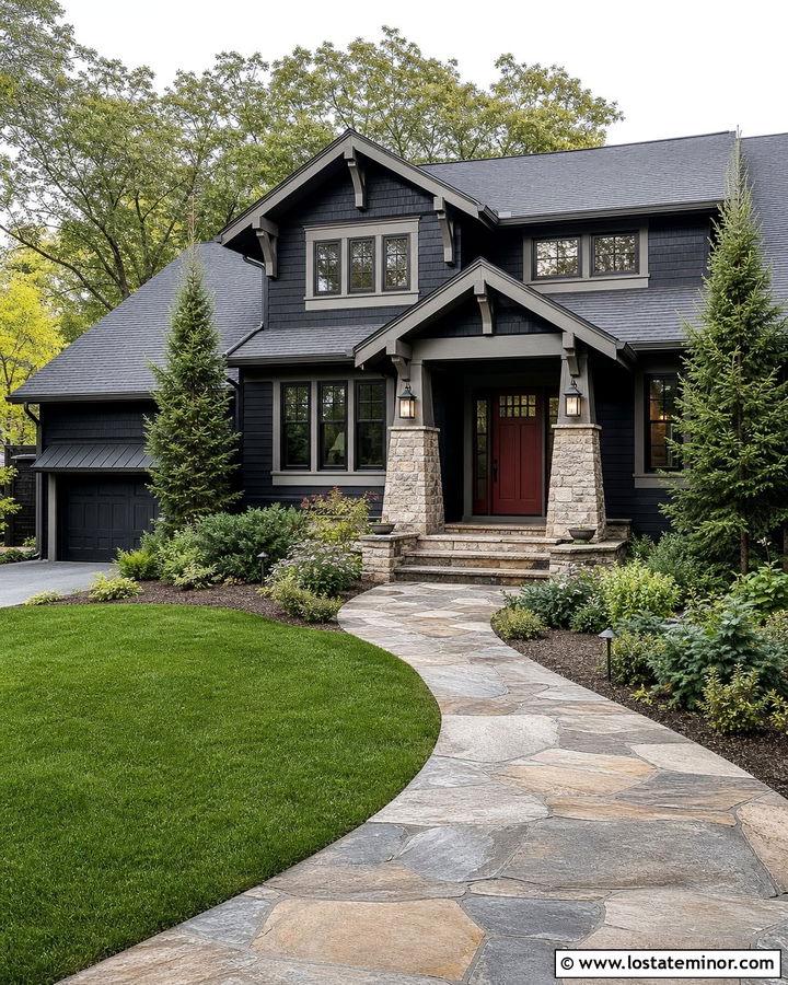 Jet Black House With Red Entry Door - 30 Jet Black House Design With Entry Door Ideas