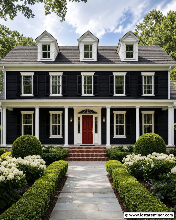 Jet Black House With Red Front Door And Dormers - 30 Jet Black House Design With Dormers Ideas