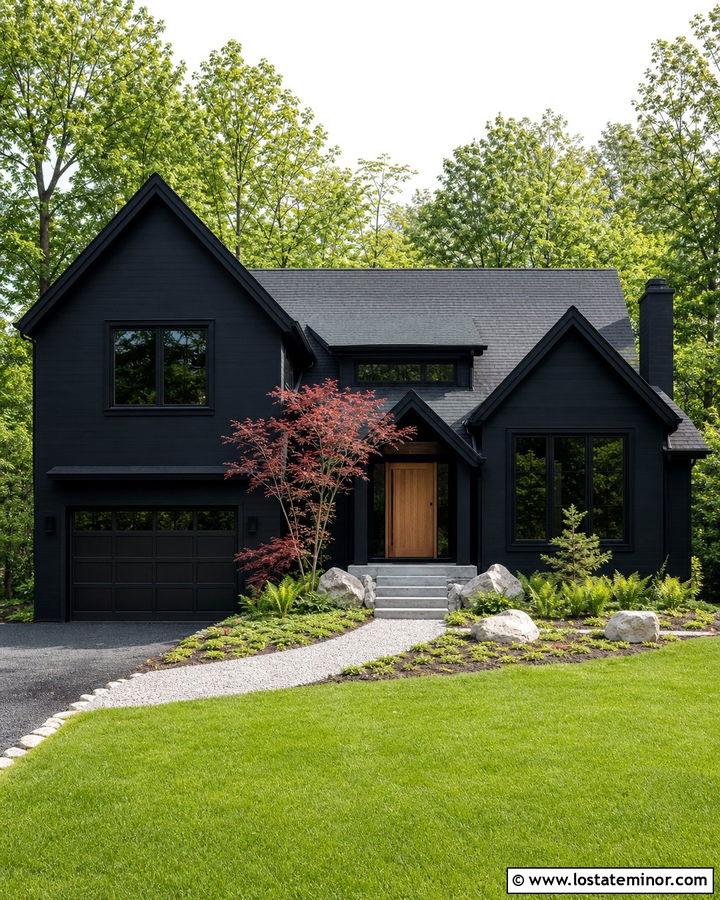 Jet Black House With Red Japanese Maple - 30 Jet Black House Design With Landscaping Ideas