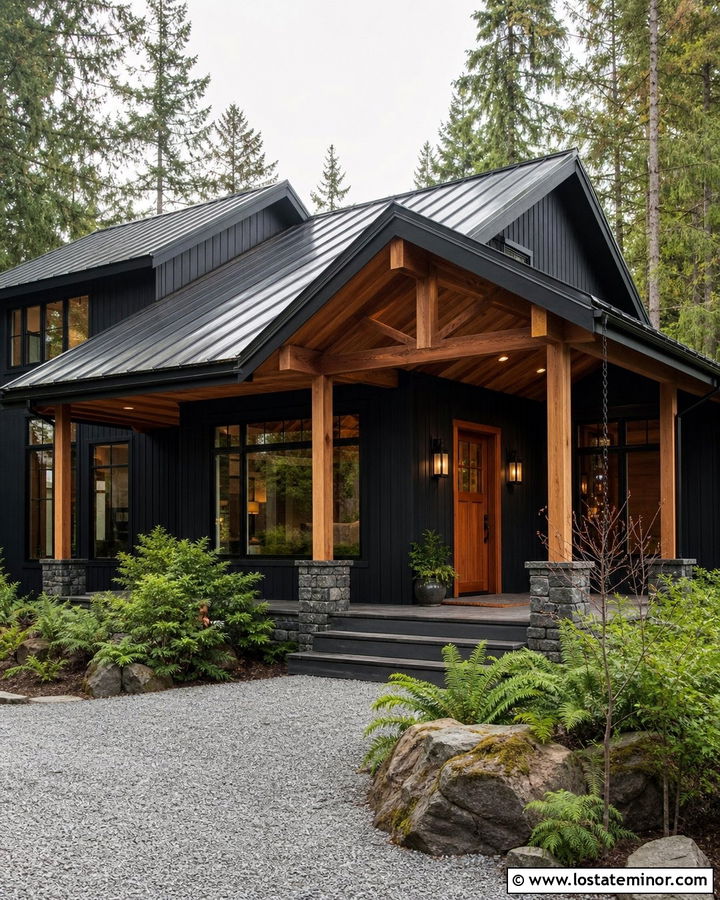 Jet Black House With Redwood Porch Ceiling - 30 Jet Black House Design With Porch Ceiling Ideas