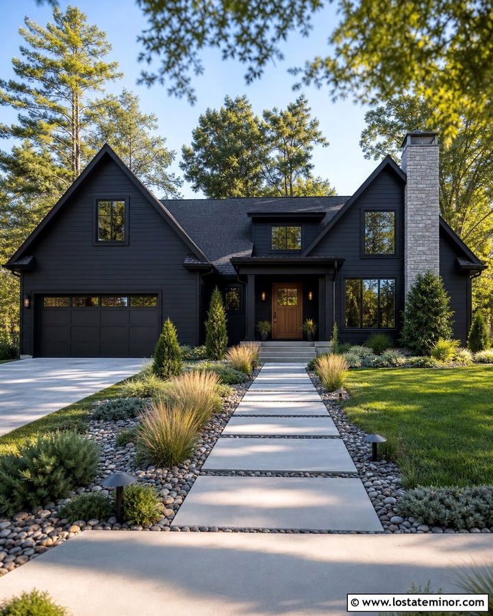 Jet Black House With River Rock Landscaping - 30 Jet Black House Design With Landscaping Ideas