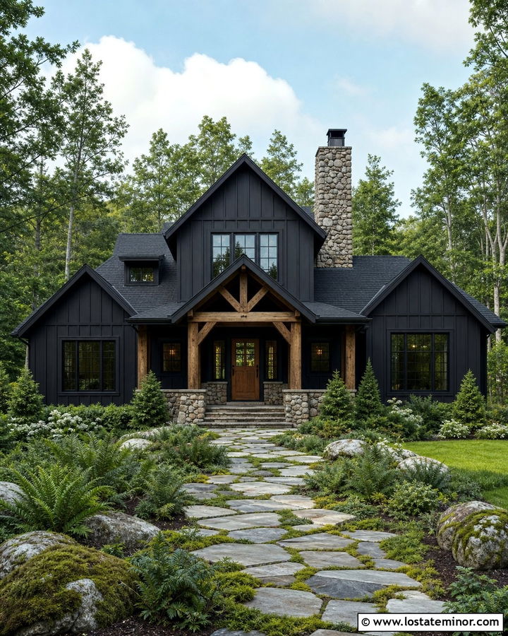 Jet Black House With Rustic Stone Landscaping - 30 Jet Black House Design With Landscaping Ideas
