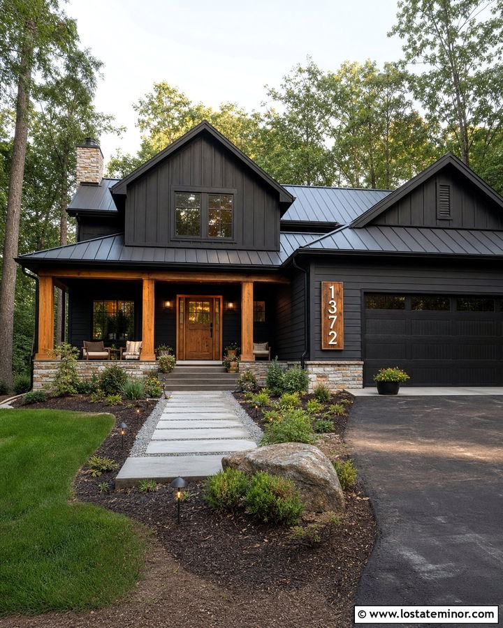 Jet Black House With Rustic Wood Number Sign - 30 Jet Black House Design With House Numbers Ideas