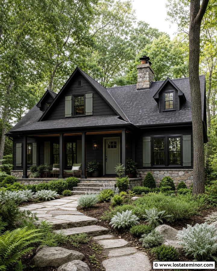 Jet Black House With Sage Green Accents - 30 Jet Black House Design With Accents Ideas