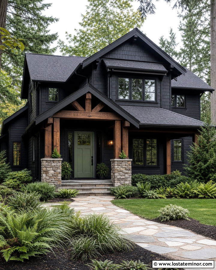 Jet Black House With Sage Green Front Door - 30 Jet Black House Design With Front Door Ideas
