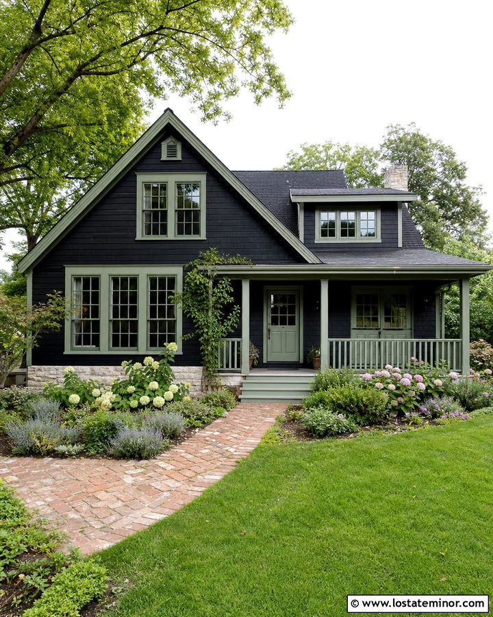 Jet Black House With Sage Green Trim - 30 Jet Black House Design With Trim Ideas