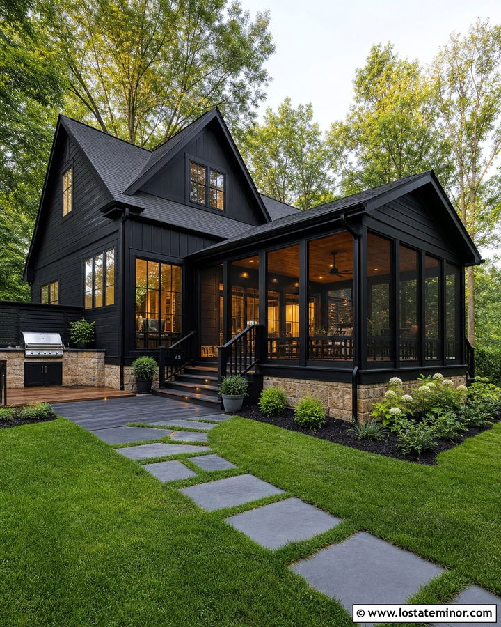 Jet Black House With Screened Deck - 30 Jet Black House Design With Deck Ideas