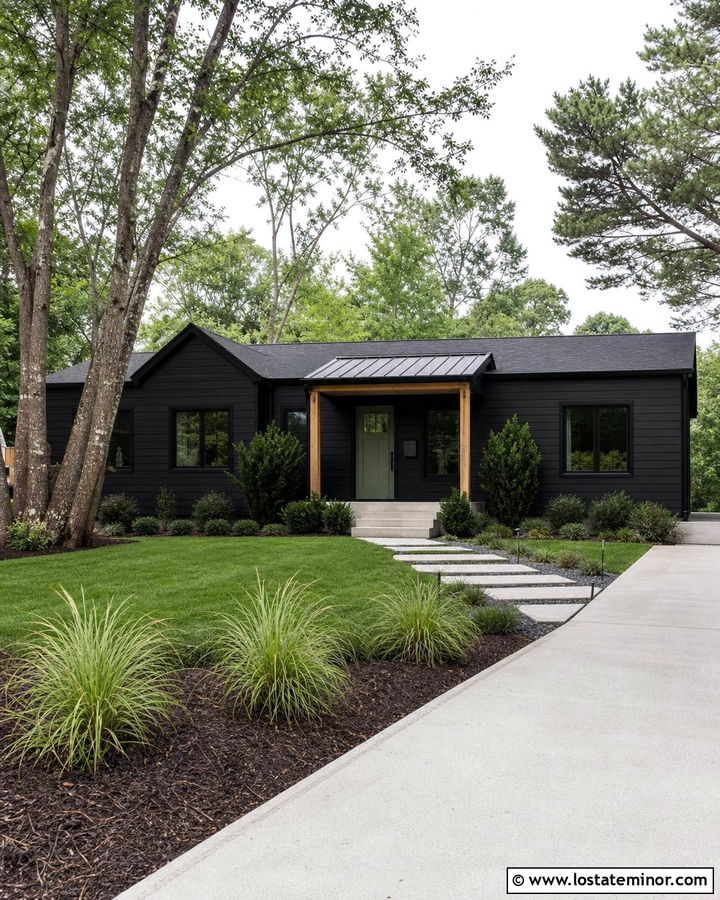 Jet Black House With Shed Roof Portico - 30 Jet Black House Design With Portico Ideas
