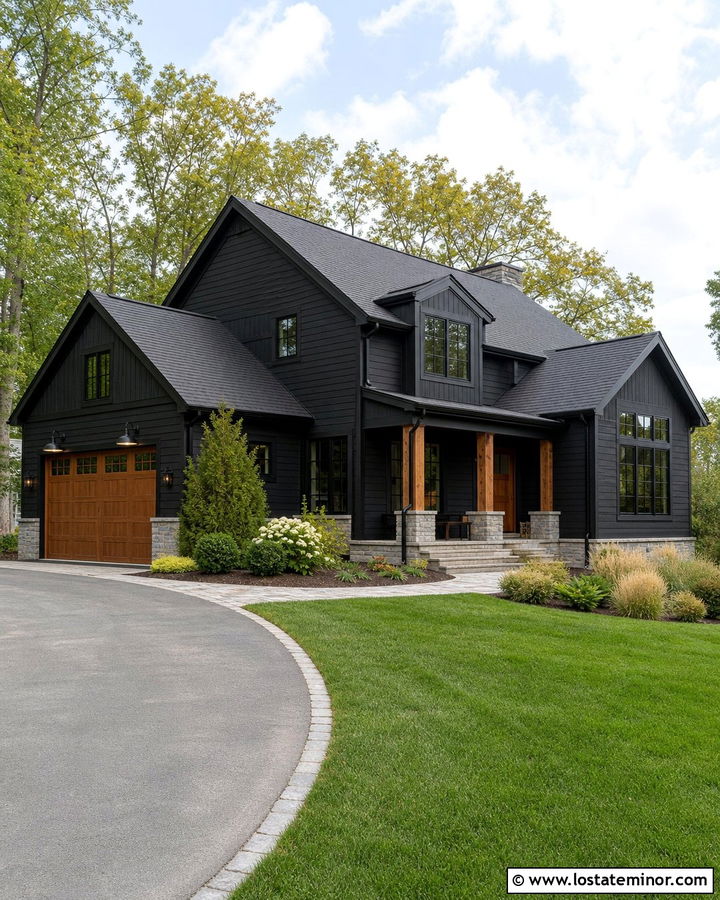Jet Black House With Side Entry Garage Door - 30 Jet Black House Design With Garage Door Ideas