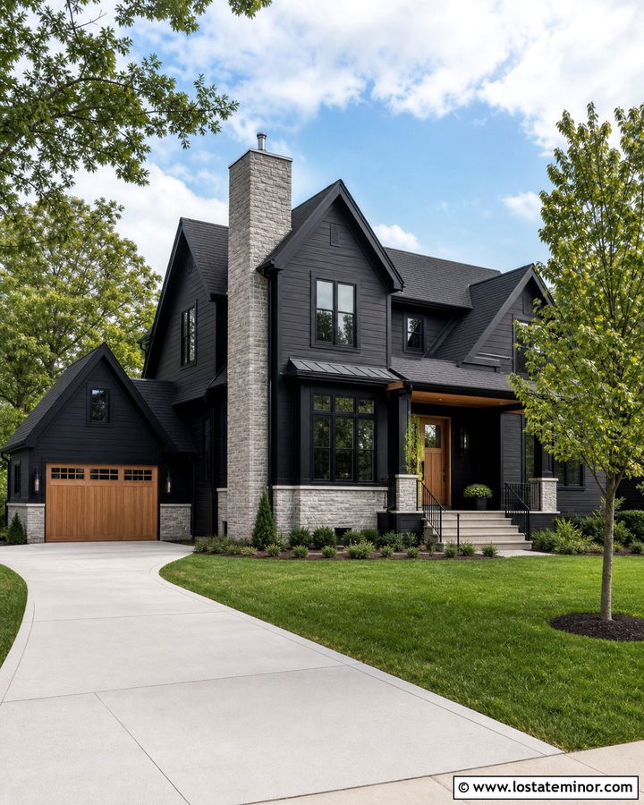 Jet Black House With Side Garage And Chimney - 30 Jet Black House Design With Chimney Ideas