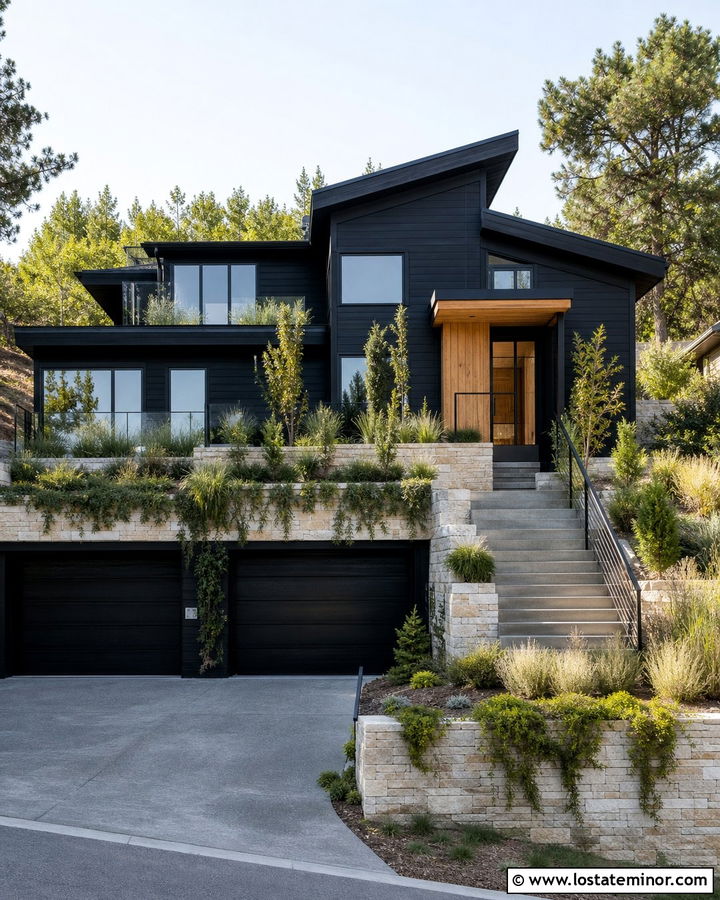 Jet Black House With Sloped Driveway - 30 Jet Black House Design With Driveway Ideas