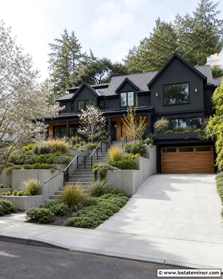 Jet Black House With Sloped Front Yard Landscaping - 30 Jet Black House Design With Landscaping Ideas