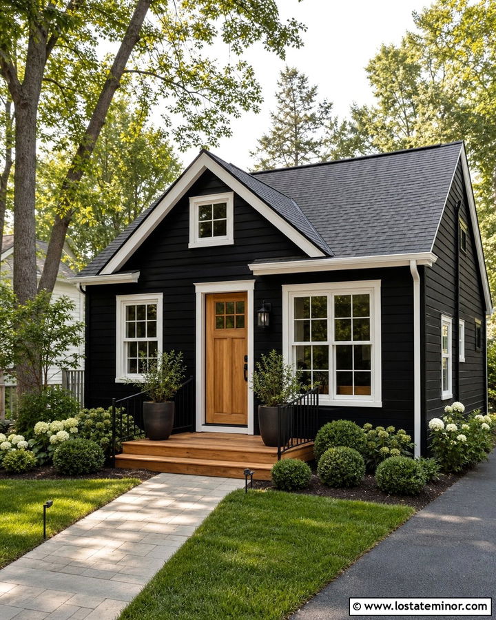 Jet Black House With Small Entry Deck - 30 Jet Black House Design With Deck Ideas