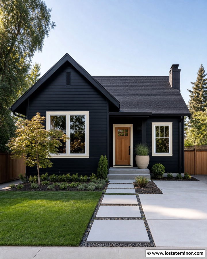 Jet Black House With Small Front Yard - 30 Jet Black House Design With Front Yard Ideas