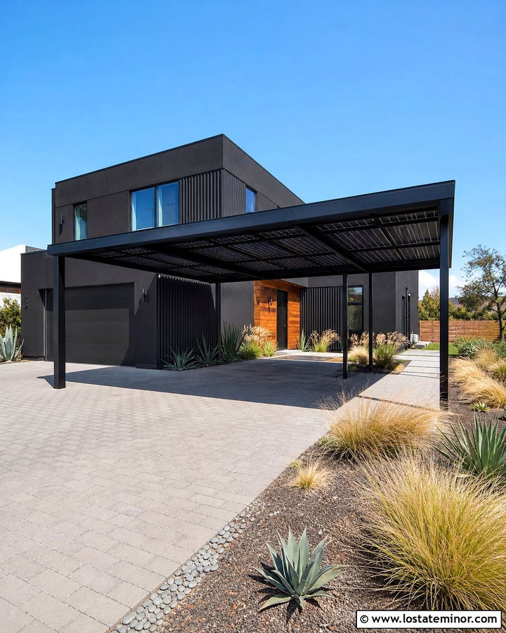 Jet Black House With Solar Carport - 30 Jet Black House Design With Carport Ideas