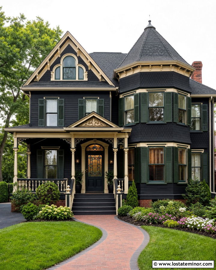 Jet Black House With Stained Glass Entry Door - 30 Jet Black House Design With Entry Door Ideas