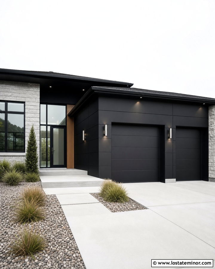 Jet Black House With Stainless Steel Wall Lights - 30 Jet Black House Design With Light Fixtures Ideas