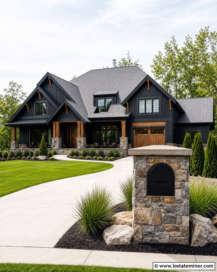 Jet Black House With Stone And Wood Mailbox - 30 Jet Black House Design With Mailbox Ideas