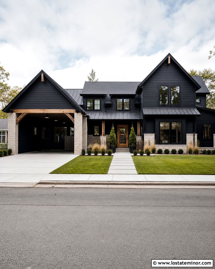 Jet Black House With Stone Carport Columns - 30 Jet Black House Design With Carport Ideas