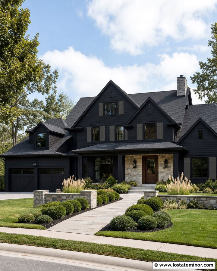 Jet Black House With Stone Porch And Charcoal Shutters - 30 Jet Black House Design With Shutters Ideas