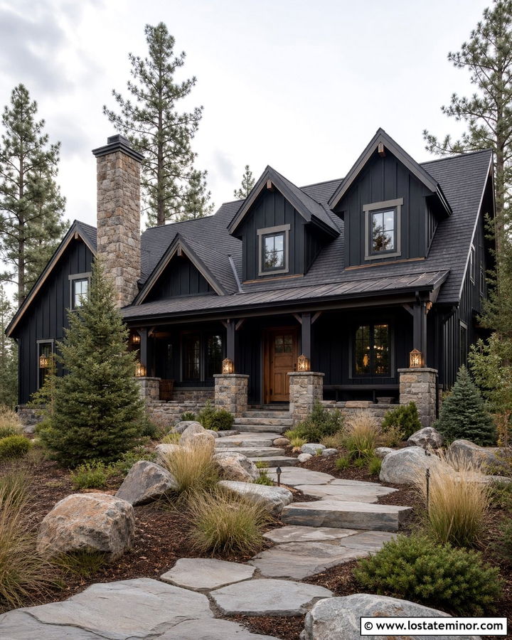 Jet Black House With Stone Porch And Dormers - 30 Jet Black House Design With Dormers Ideas