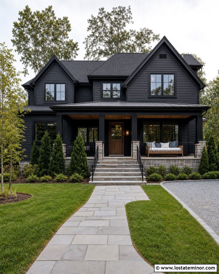 Jet Black House With Stone Porch Daybed - 30 Jet Black House Design With Daybed Ideas