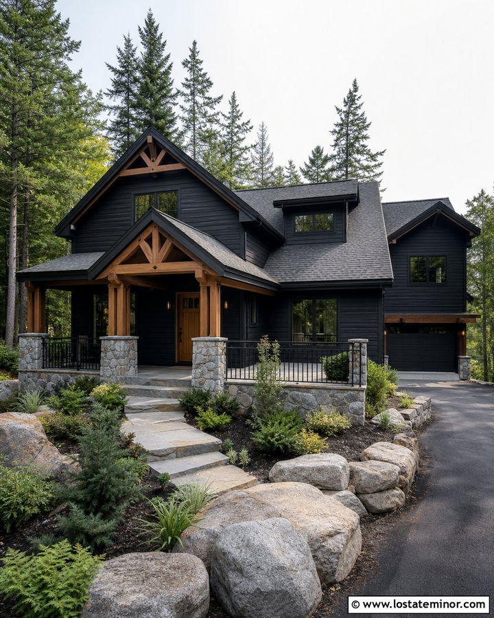 Jet Black House With Stone Porch Railings - 30 Jet Black House Design With Railings Ideas