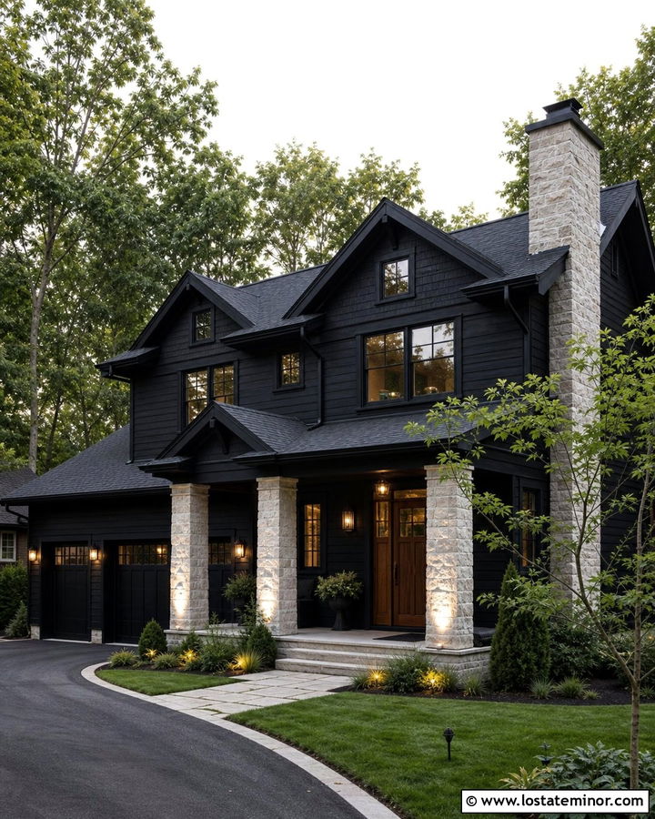 Jet Black House With Stone Uplighting - 30 Jet Black House Design With Light Fixtures Ideas