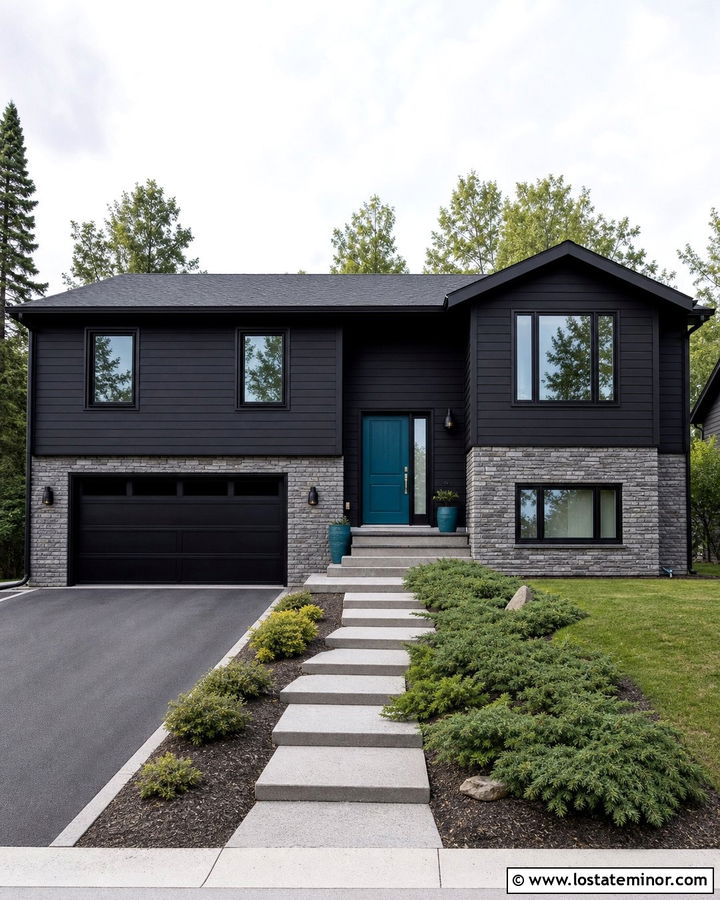 Jet Black House With Teal Entry Door - 30 Jet Black House Design With Entry Door Ideas