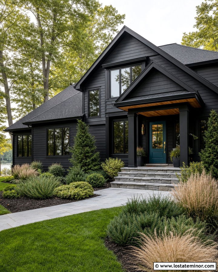 Jet Black House With Teal Front Door - 30 Jet Black House Design With Front Door Ideas