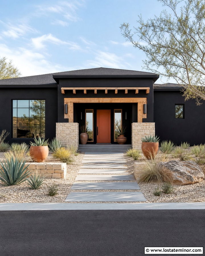Jet Black House With Terracotta Front Door - 30 Jet Black House Design With Front Door Ideas