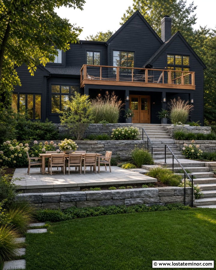 Jet Black House With Tiered Backyard - 30 Jet Black House Design With Backyard Ideas