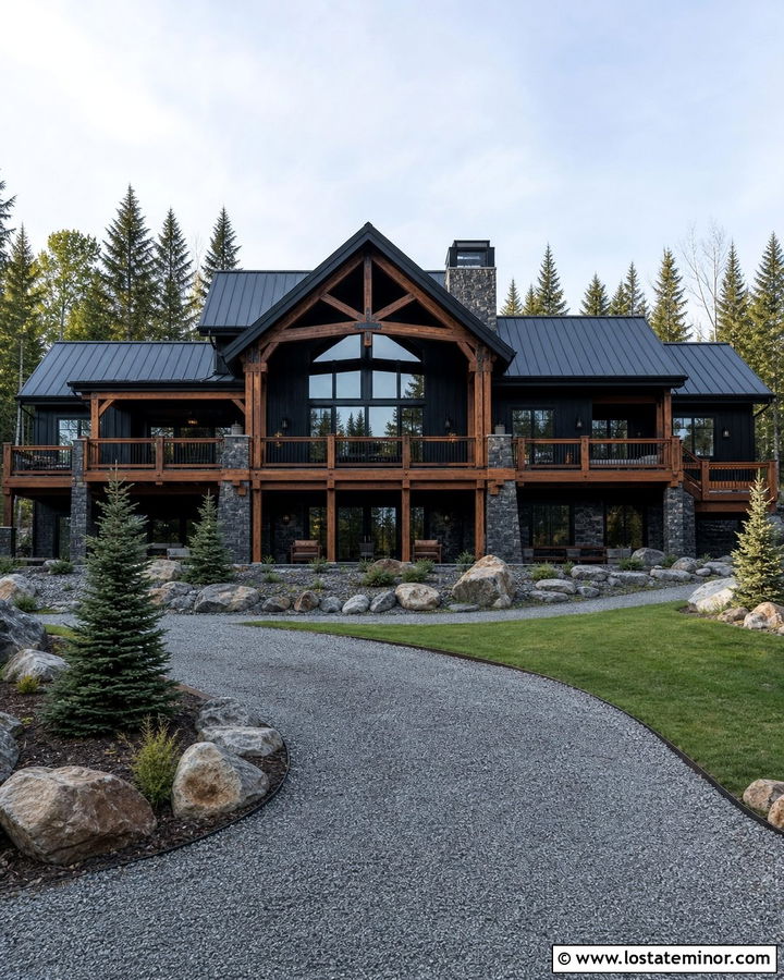 Jet Black House With Timber Frame Railings - 30 Jet Black House Design With Railings Ideas