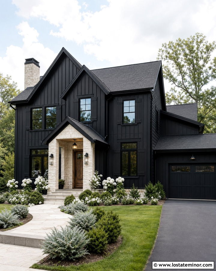Jet Black House With Tonal Black Shutters - 30 Jet Black House Design With Board and Batten Ideas