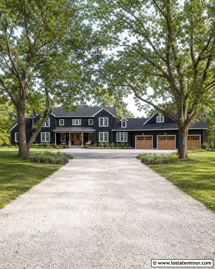 Jet Black House With Tree Lined Driveway - 30 Jet Black House Design With Driveway Ideas