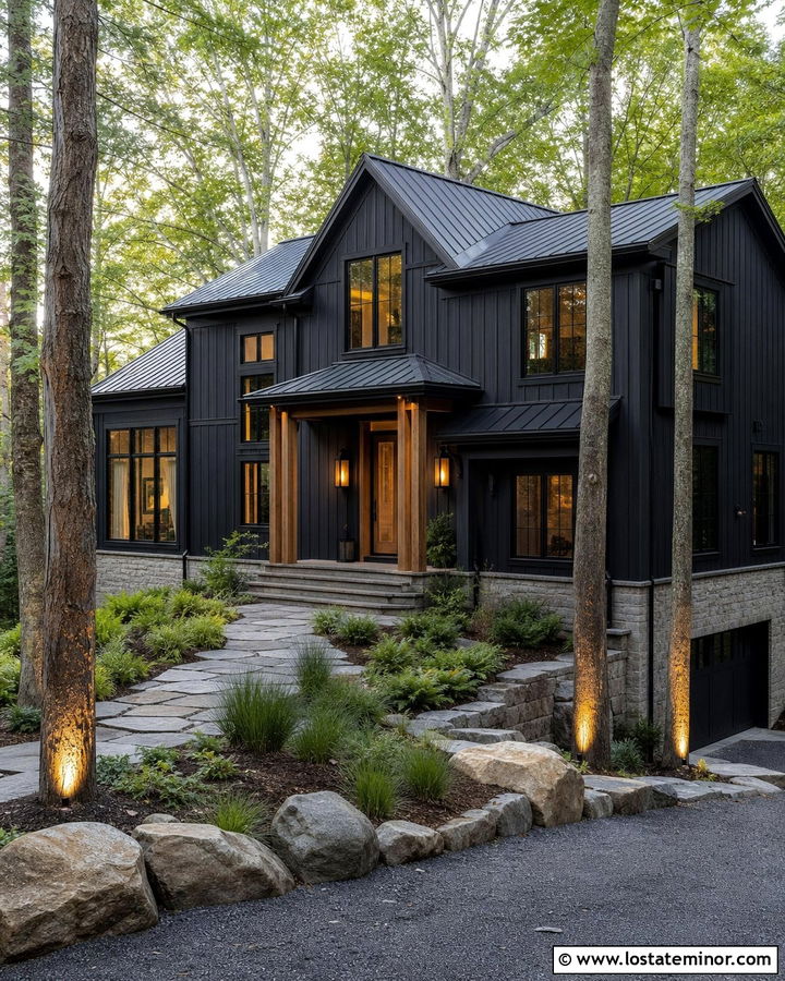 Jet Black House With Tree Uplighting - 30 Jet Black House Design With Lighting Ideas