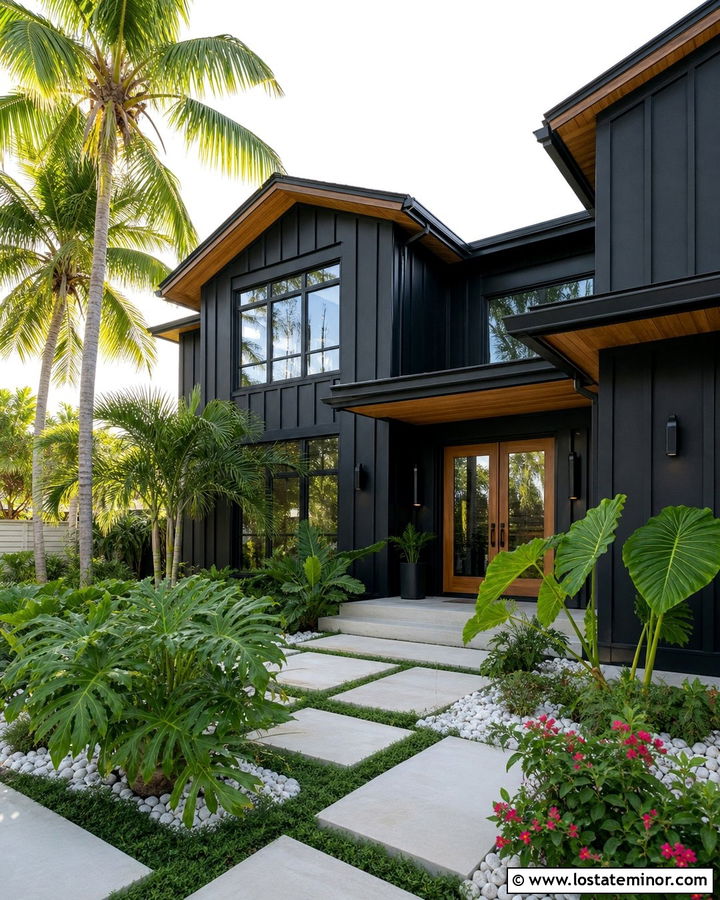 Jet Black House With Tropical Landscaping - 30 Jet Black House Design With Landscaping Ideas