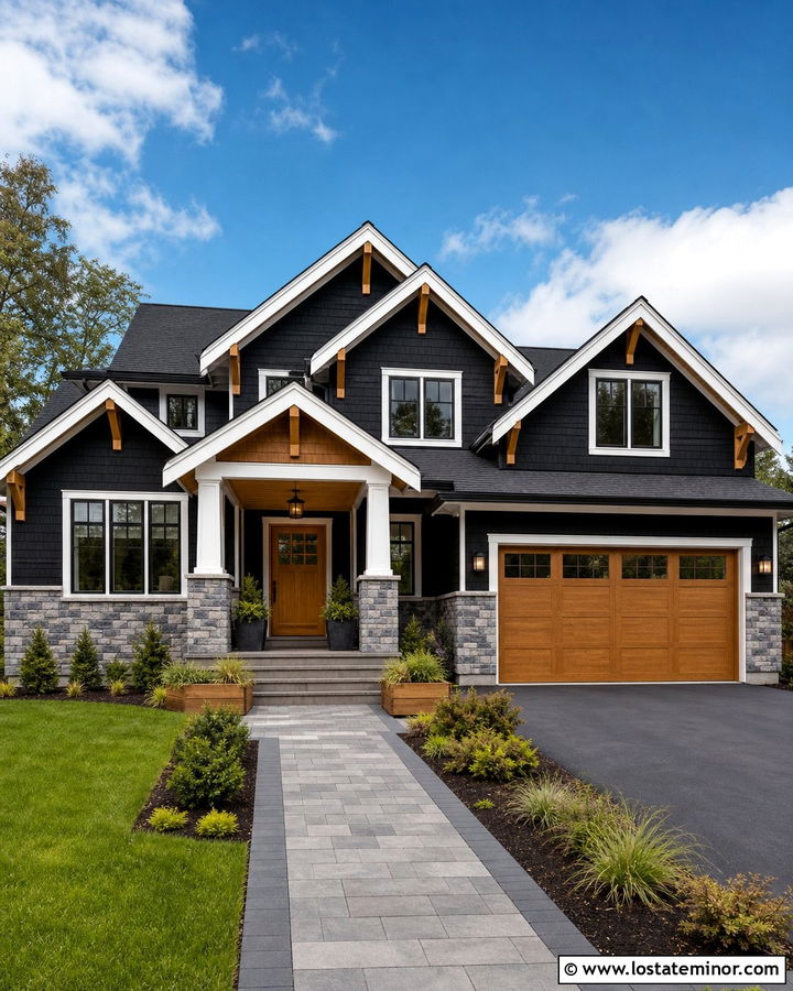 Jet Black House With Two Tone White And Wood Trim - 30 Jet Black House Design With Trim Ideas