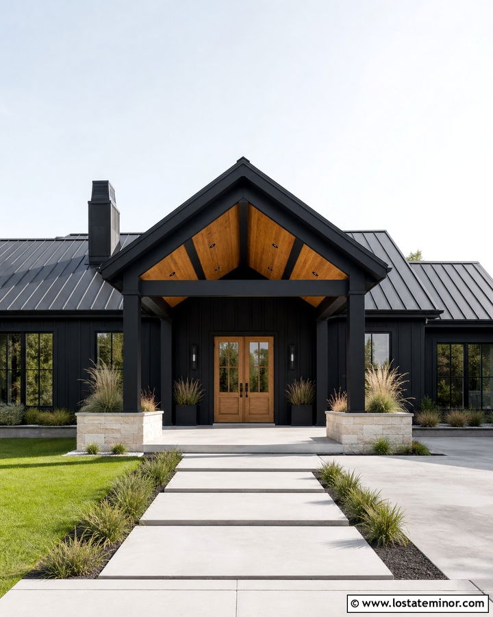 Jet Black House With Two Tone Wood Porch Ceiling - 30 Jet Black House Design With Porch Ceiling Ideas