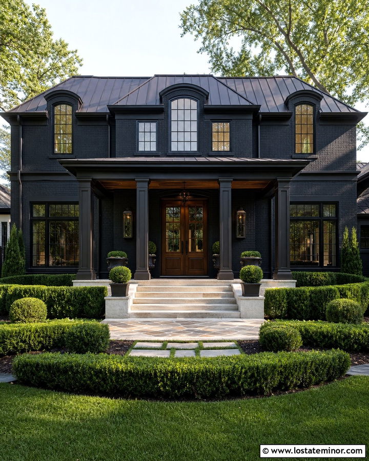 Jet Black House With Walnut Coffered Porch Ceiling - 30 Jet Black House Design With Porch Ceiling Ideas